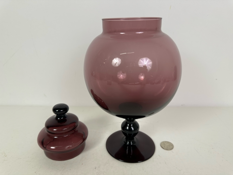 Vintage MCM Italian Empoli Glass Amethyst Purple Footed Jar With Lid 11.5'H [Photo 5]