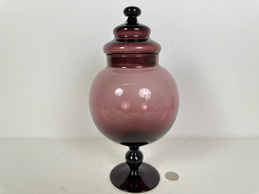 Vintage MCM Italian Empoli Glass Amethyst Purple Footed Jar With Lid 11.5'H [Photo 2]