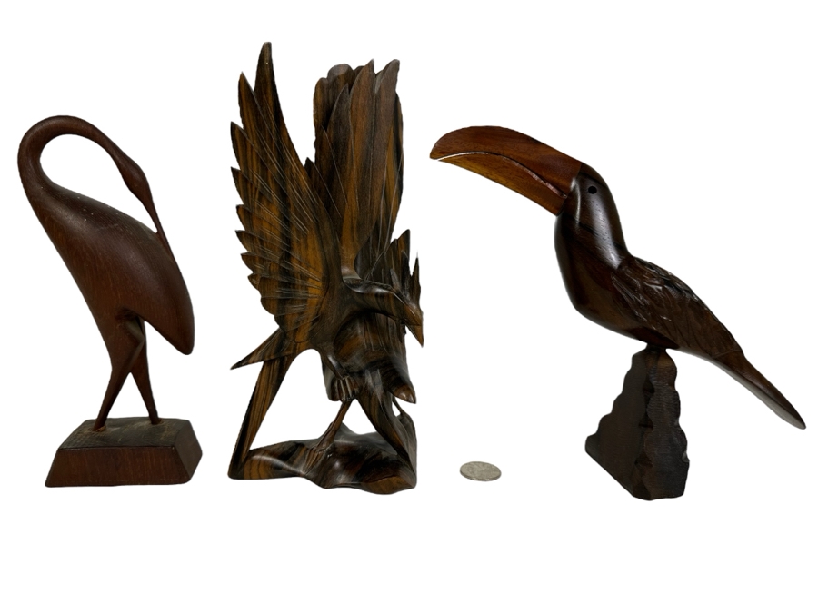 Three Carved Wooden Bird Figurines 9'H