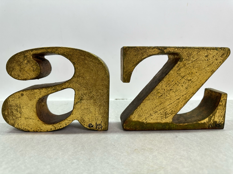 Vintage 1969 Mid-Century Modern Signed Curtis Jere A To Z Bookends Gilt Heavy Steel 6'W X 1.75'D X 4.5'H [Photo 6]