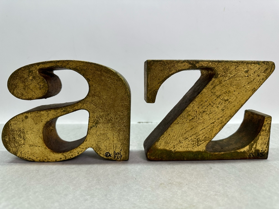 Vintage 1969 Mid-Century Modern Signed Curtis Jere A To Z Bookends Gilt Heavy Steel 6'W X 1.75'D X 4.5'H [Photo 5]