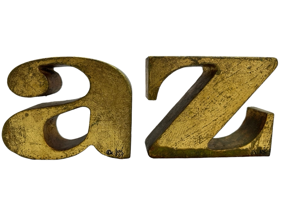 Vintage 1969 Mid-Century Modern Signed Curtis Jere A To Z Bookends Gilt Heavy Steel 6'W X 1.75'D X 4.5'H [Photo 1]