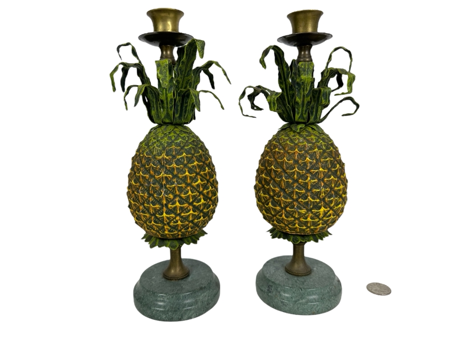 Vintage Petites Choses Metal Pineapple Candlesticks With Marble Bases 11'H