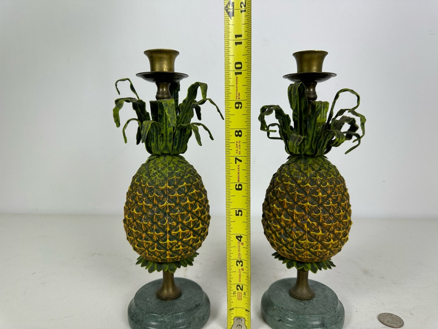 Vintage Petites Choses Metal Pineapple Candlesticks With Marble Bases 11'H [Photo 3]