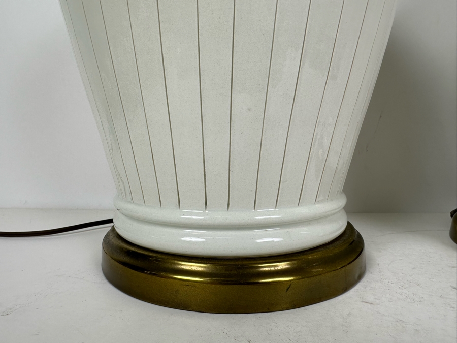 Vintage Mid-Century Modern Italian Bitossi For Nora Fenton White Minimalist Ceramic Art Pottery Lamps, A Pair No Shades 30'H [Photo 4]