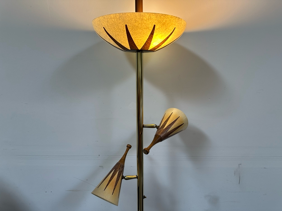 Vintage Mid-Century Modern Tension Rod Pole Lamp With Adjustable Fiberglass Shades (Middle Shade Ball Is Loose From Socket) 104'H [Photo 13]