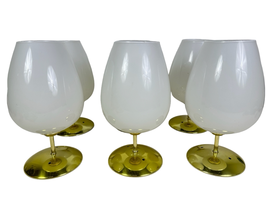 Six Vintage Mid-Century Modern Brass & Glass Pendant Light Fixtures 11.5'L