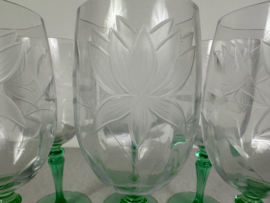 Vintage Etched Footed Stemware Glasses Uranium Vaseline Glass Green Foot & Stem 7 7/8'H - 6 Glasses [Photo 4]