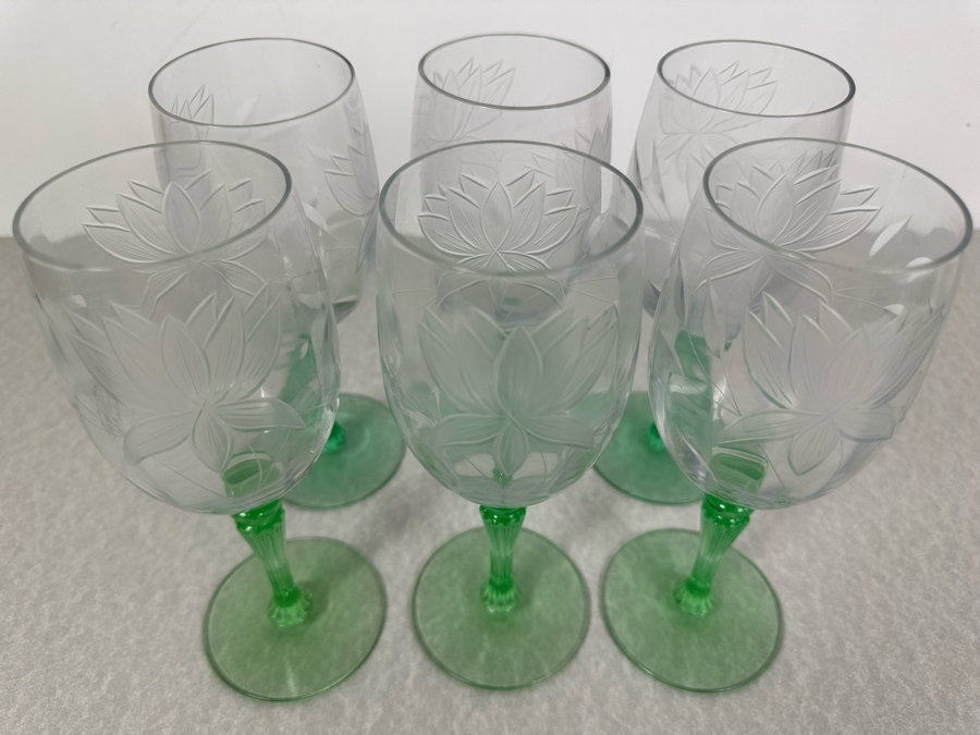 Vintage Etched Footed Stemware Glasses Uranium Vaseline Glass Green Foot & Stem 7 7/8'H - 6 Glasses [Photo 5]