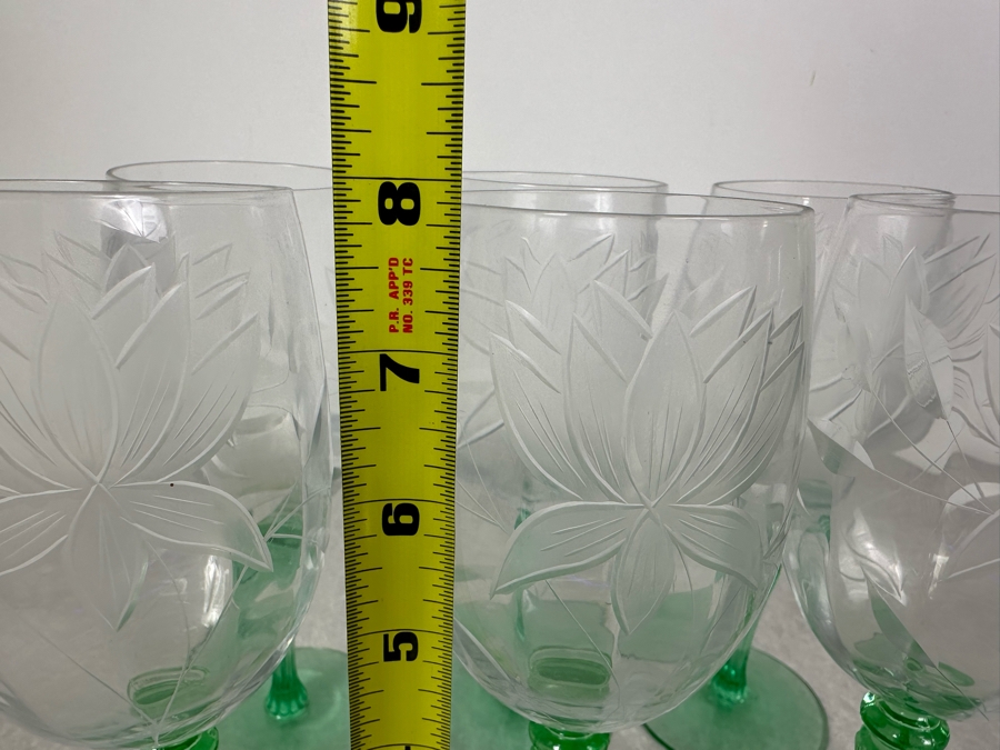 Vintage Etched Footed Stemware Glasses Uranium Vaseline Glass Green Foot & Stem 7 7/8'H - 6 Glasses [Photo 6]