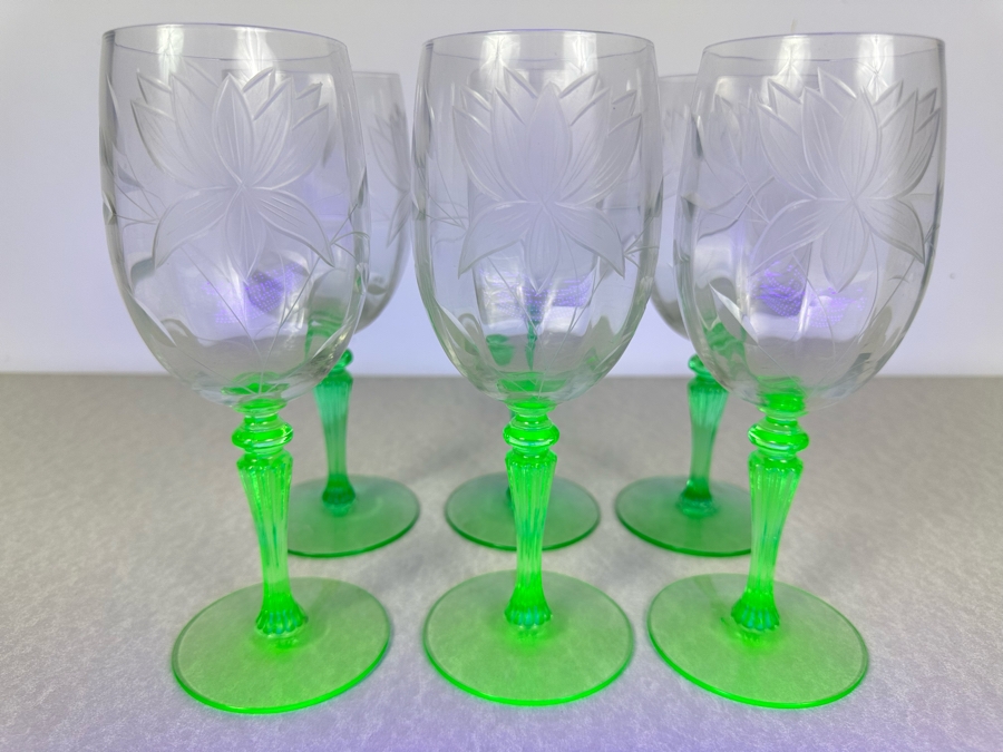 Vintage Etched Footed Stemware Glasses Uranium Vaseline Glass Green Foot & Stem 7 7/8'H - 6 Glasses [Photo 2]