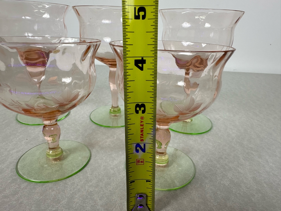 Vintage Etched Footed Stemware Glasses Uranium Vaseline Glass Green Foot 4.25'H & 5.25'H - 5 Glasses [Photo 5]