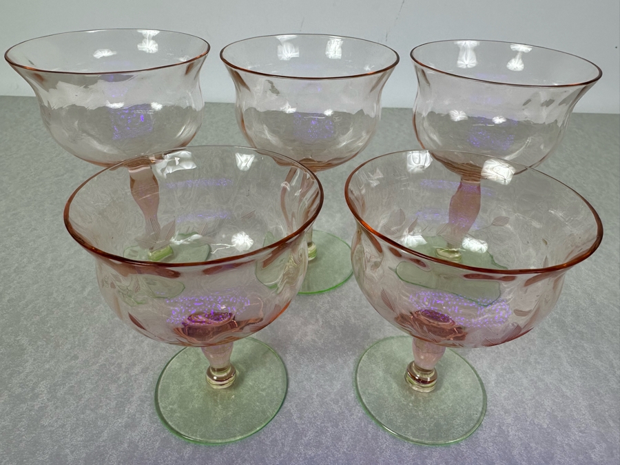Vintage Etched Footed Stemware Glasses Uranium Vaseline Glass Green Foot 4.25'H & 5.25'H - 5 Glasses [Photo 4]