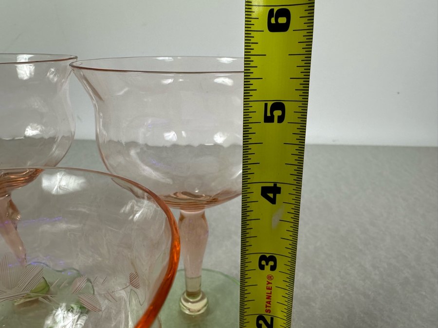 Vintage Etched Footed Stemware Glasses Uranium Vaseline Glass Green Foot 4.25'H & 5.25'H - 5 Glasses [Photo 6]