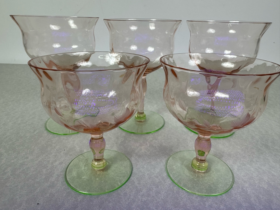 Vintage Etched Footed Stemware Glasses Uranium Vaseline Glass Green Foot 4.25'H & 5.25'H - 5 Glasses [Photo 3]