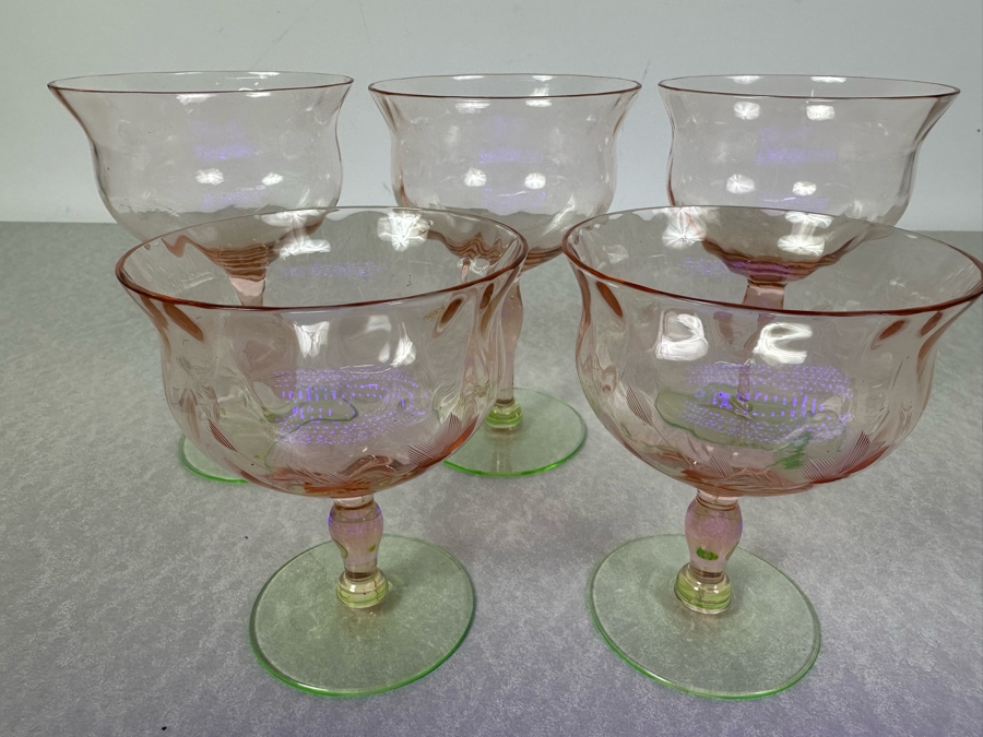 Vintage Etched Footed Stemware Glasses Uranium Vaseline Glass Green Foot 4.25'H & 5.25'H - 5 Glasses [Photo 2]
