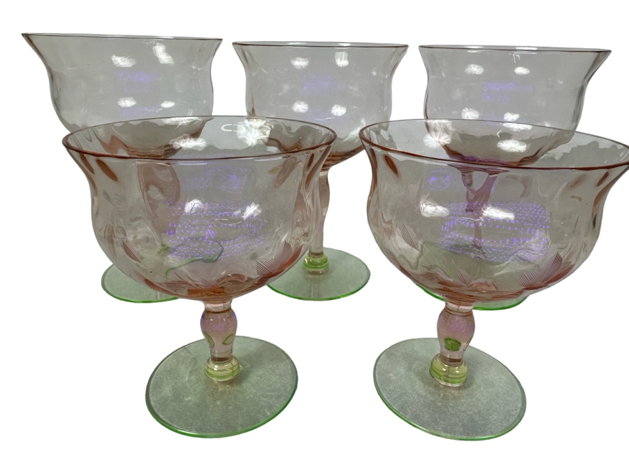 Vintage Etched Footed Stemware Glasses Uranium Vaseline Glass Green Foot 4.25'H & 5.25'H - 5 Glasses [Photo 1]