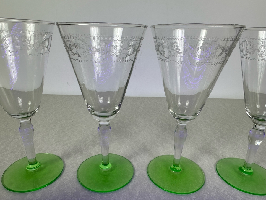 Vintage Etched Footed Stemware Glasses Uranium Vaseline Glass Green Foot 6.75'H - 4 Glasses [Photo 2]