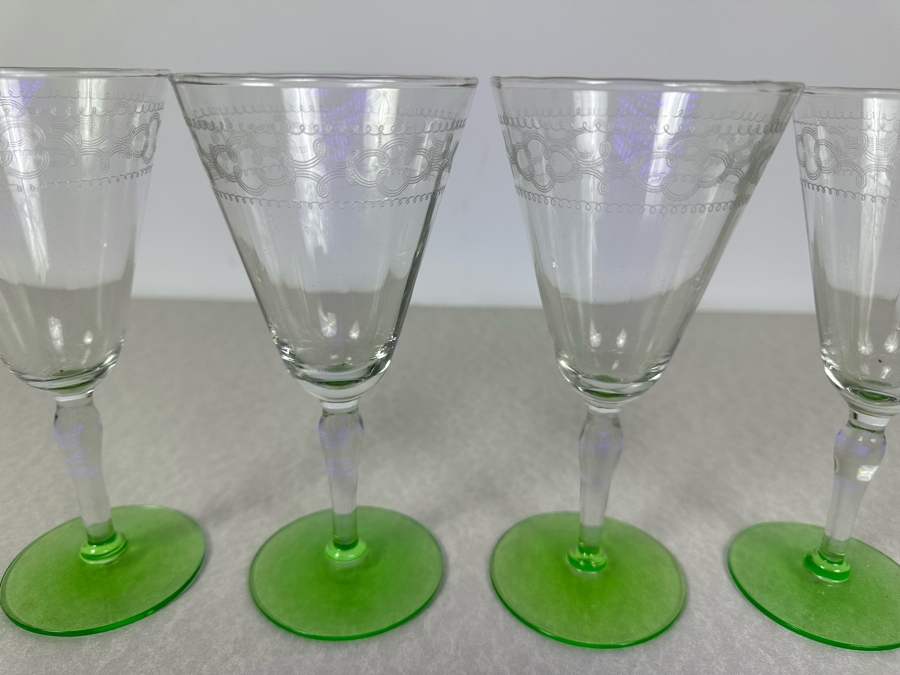 Vintage Etched Footed Stemware Glasses Uranium Vaseline Glass Green Foot 6.75'H - 4 Glasses [Photo 3]