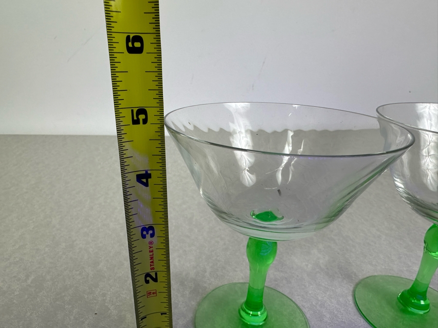 Vintage Etched Footed Stemware Glasses Uranium Vaseline Glass Green Foot & Stem 4.75'H - 2 Glasses [Photo 3]