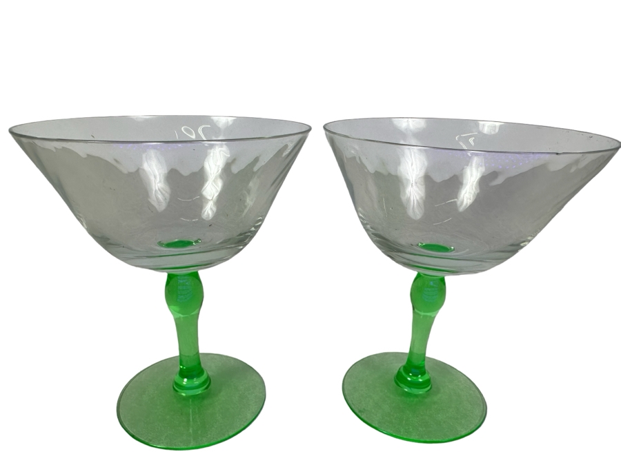 Vintage Etched Footed Stemware Glasses Uranium Vaseline Glass Green Foot & Stem 4.75'H - 2 Glasses