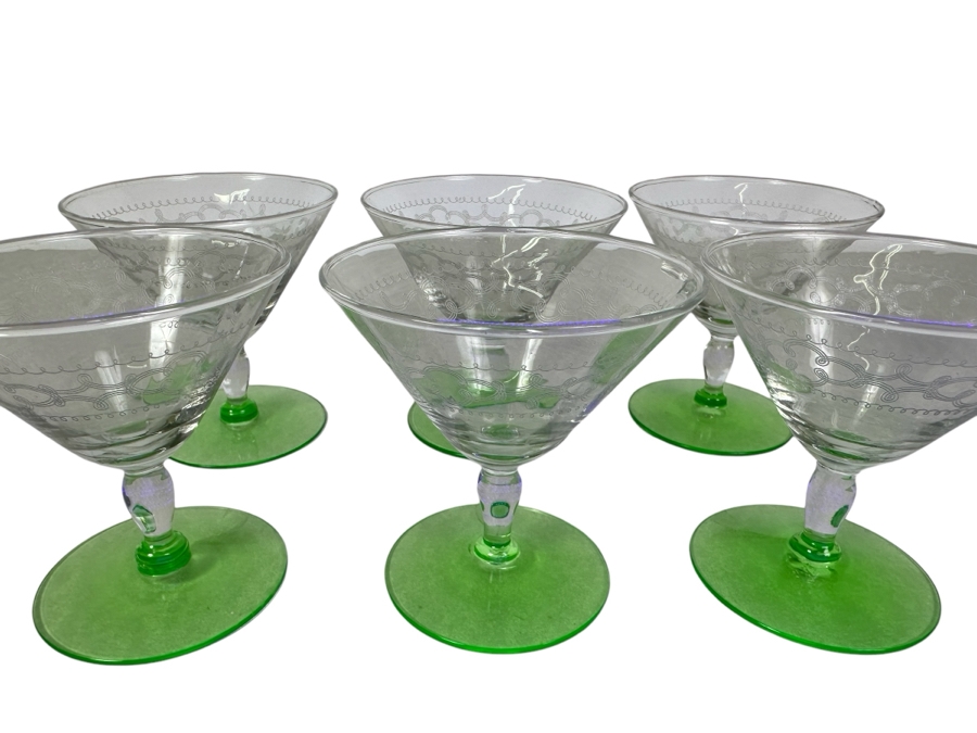 Vintage Etched Footed Stemware Glasses Uranium Vaseline Glass Green Foot 3 7/8'H - 6 Glasses	