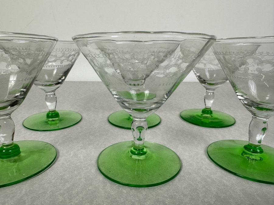 Vintage Etched Footed Stemware Glasses Uranium Vaseline Glass Green Foot 3 7/8'H - 6 Glasses	 [Photo 7]