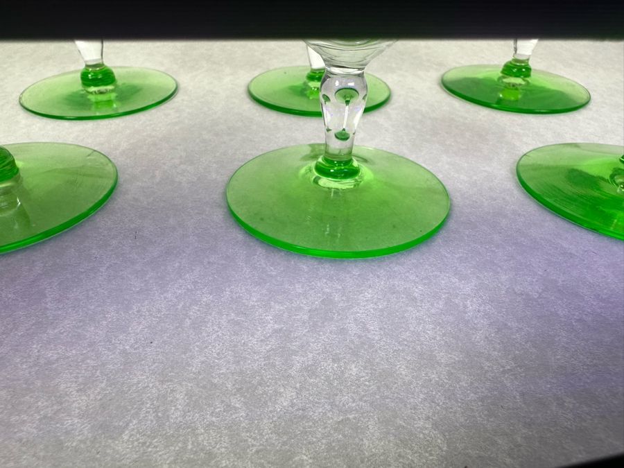 Vintage Etched Footed Stemware Glasses Uranium Vaseline Glass Green Foot 3 7/8'H - 6 Glasses	 [Photo 4]