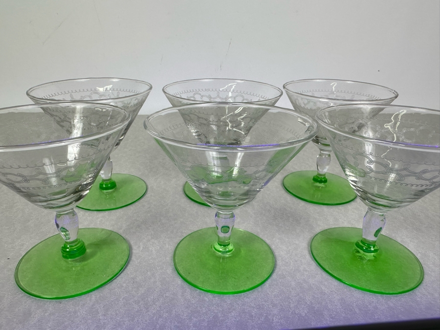 Vintage Etched Footed Stemware Glasses Uranium Vaseline Glass Green Foot 3 7/8'H - 6 Glasses	 [Photo 2]