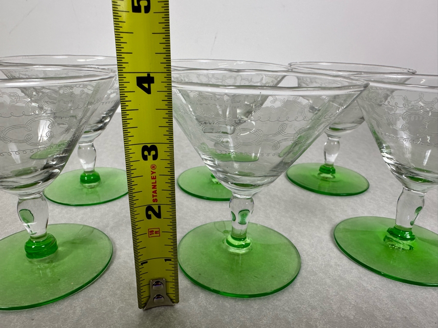 Vintage Etched Footed Stemware Glasses Uranium Vaseline Glass Green Foot 3 7/8'H - 6 Glasses	 [Photo 8]