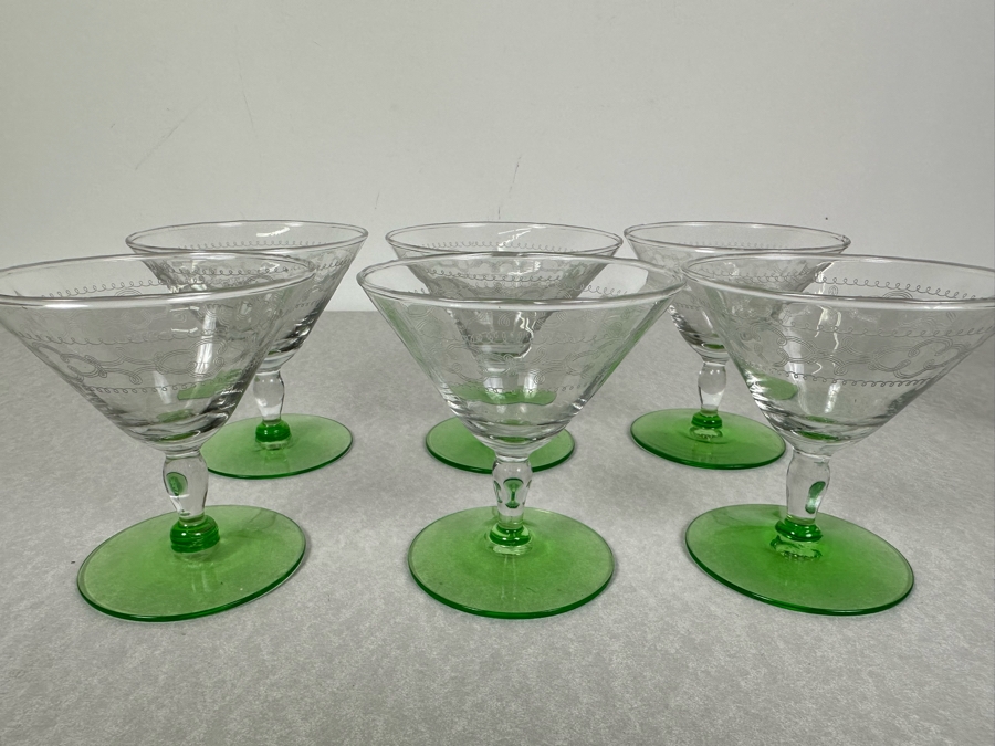 Vintage Etched Footed Stemware Glasses Uranium Vaseline Glass Green Foot 3 7/8'H - 6 Glasses	 [Photo 5]
