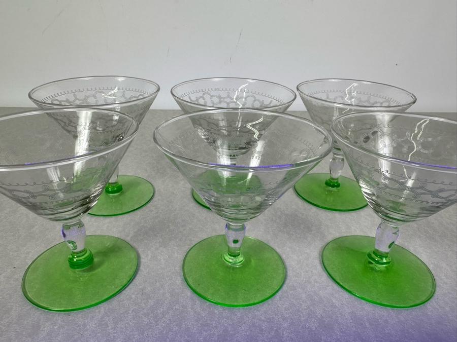 Vintage Etched Footed Stemware Glasses Uranium Vaseline Glass Green Foot 3 7/8'H - 6 Glasses	 [Photo 3]