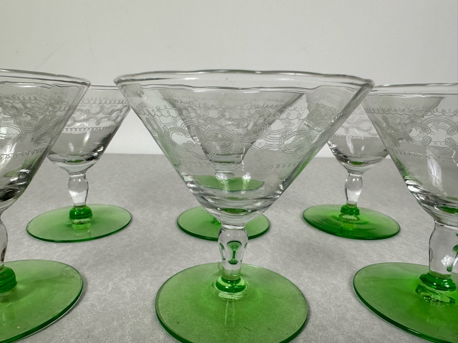 Vintage Etched Footed Stemware Glasses Uranium Vaseline Glass Green Foot 3 7/8'H - 6 Glasses	 [Photo 6]