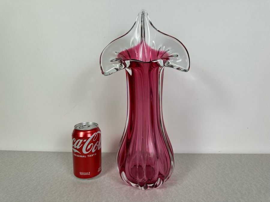 Vintage Floral Italian Murano Glass Vase (Slight Chip In Glass - See Photos) 15.5'H [Photo 3]