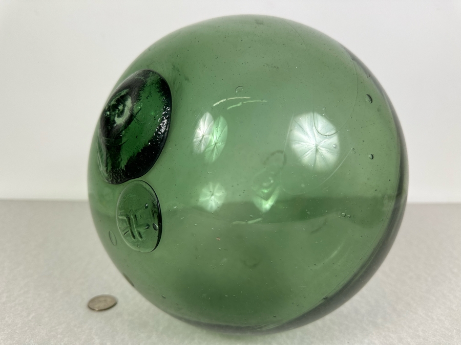 Vintage Japanese Glass Fishing Float, Green 9'W [Photo 2]
