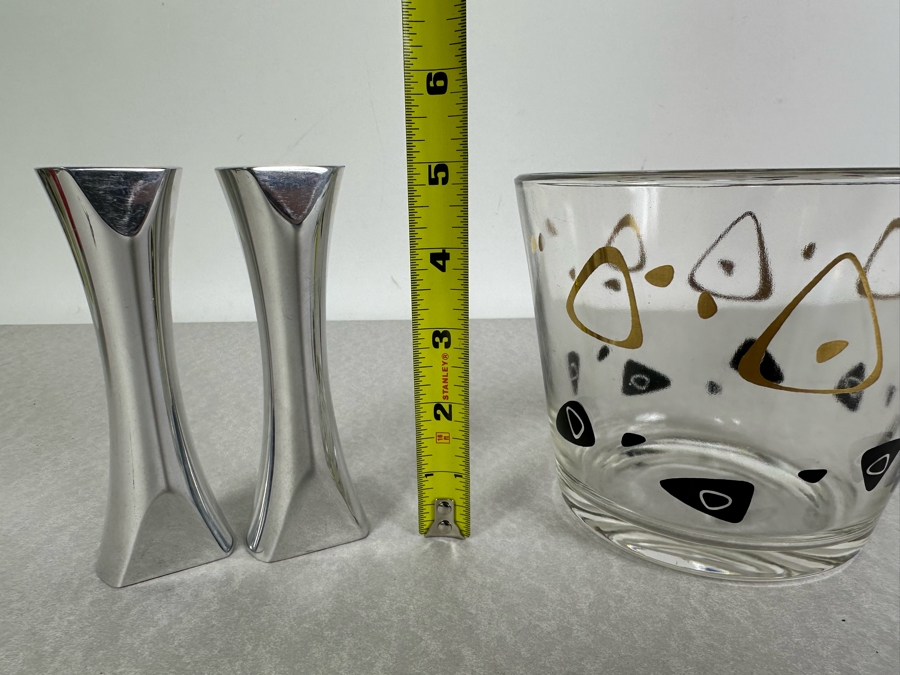 Just Added - Mid-Century Atomic Federal Glass Ice Bucket And Pair Of Nambe Salt & Pepper Shakers 5'H [Photo 4]