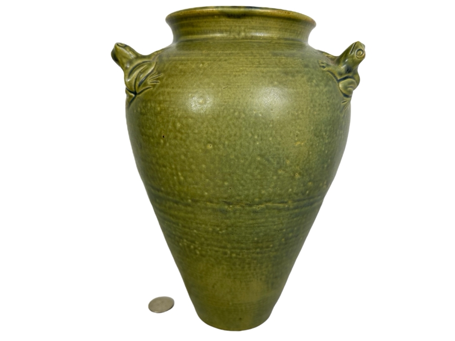 Just Added - Vintage Art Pottery Green Vase With Frogs Attached Artist Signed 10'H [Photo 1]