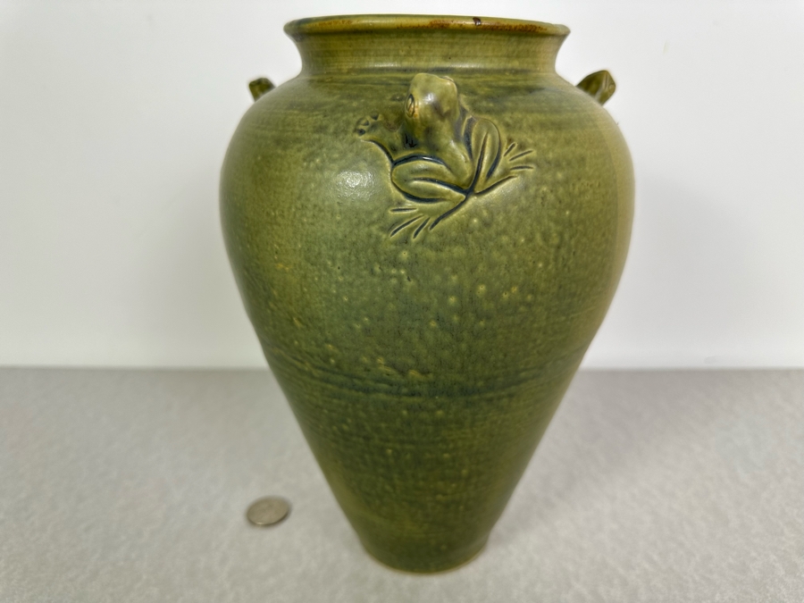 Just Added - Vintage Art Pottery Green Vase With Frogs Attached Artist Signed 10'H [Photo 2]