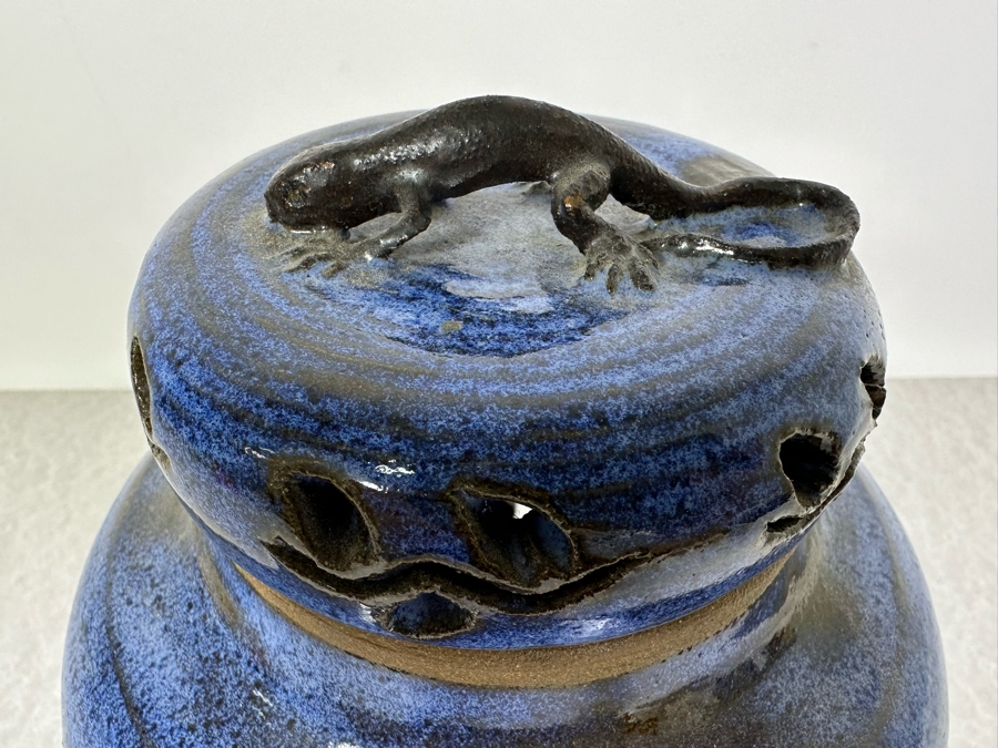 Just Added - Vintage Art Pottery Blue Jar With Lid And Salamander Finial 8.5'H [Photo 2]
