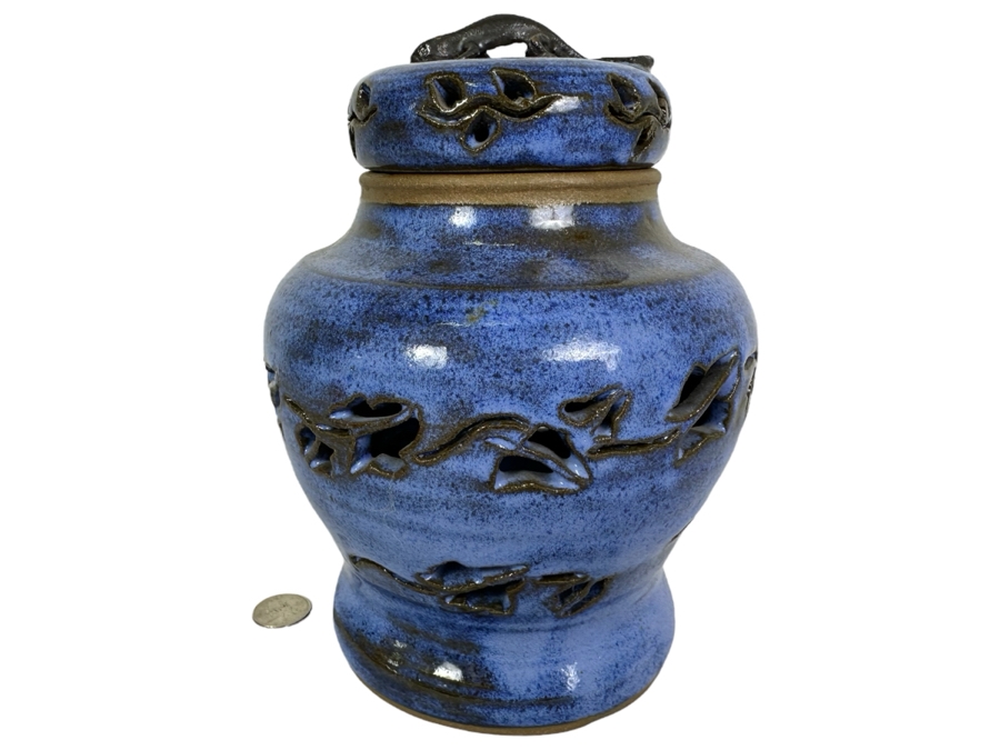 Just Added - Vintage Art Pottery Blue Jar With Lid And Salamander Finial 8.5'H [Photo 1]