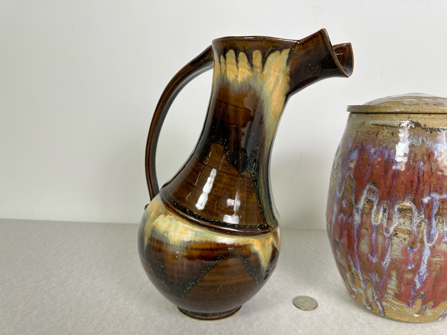 Just Added - Signed Art Pottery Glazed Pitcher 10'H And Lidded Jar 8.5'H [Photo 5]