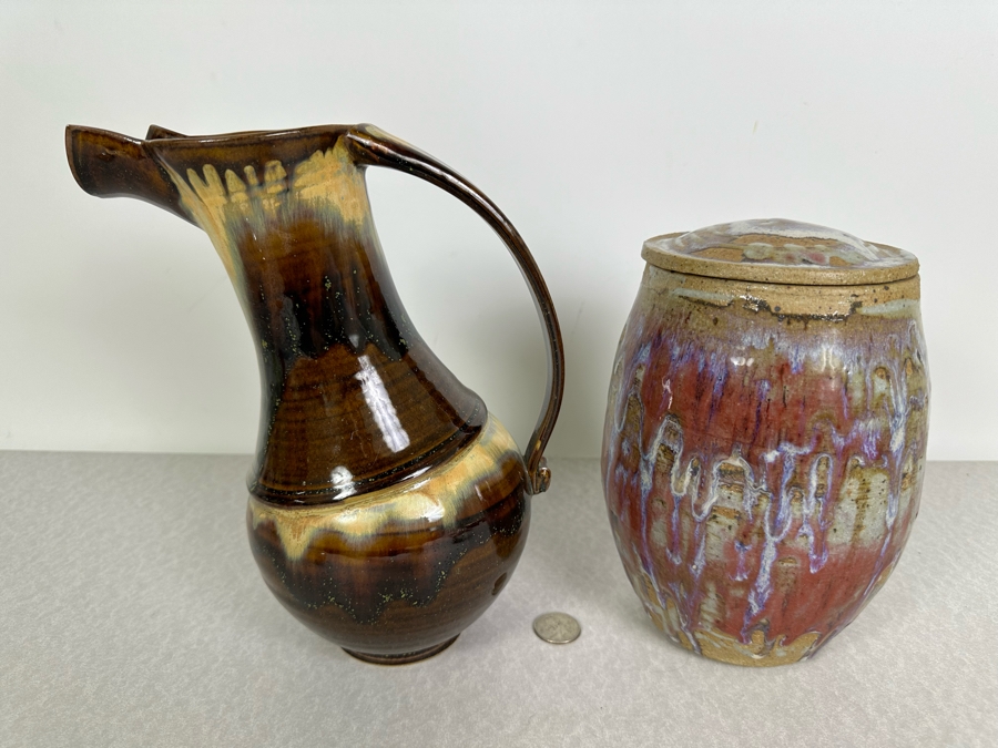 Just Added - Signed Art Pottery Glazed Pitcher 10'H And Lidded Jar 8.5'H [Photo 2]