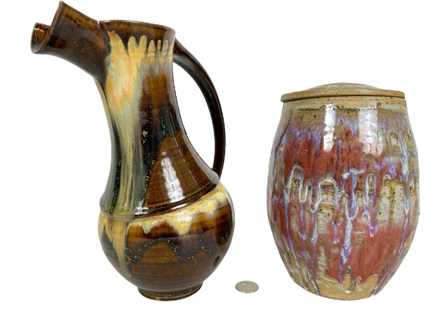 Just Added - Signed Art Pottery Glazed Pitcher 10'H And Lidded Jar 8.5'H [Photo 1]