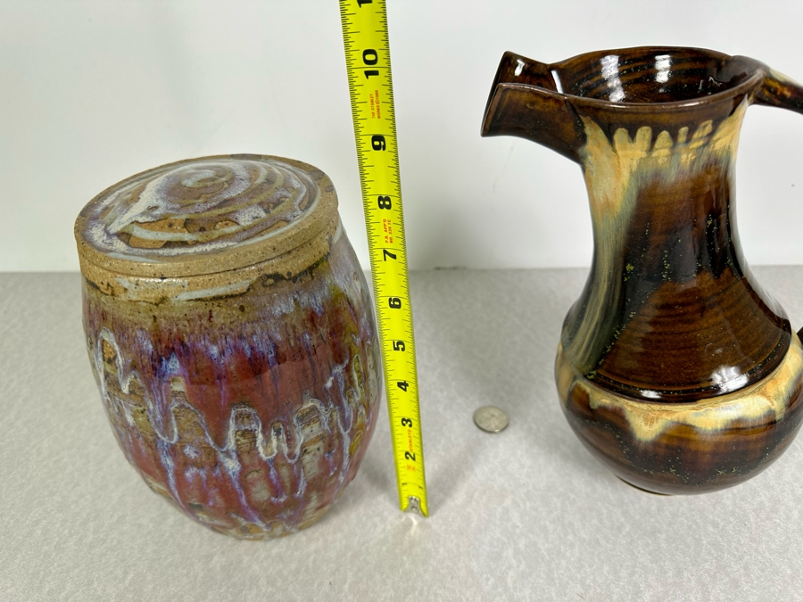 Just Added - Signed Art Pottery Glazed Pitcher 10'H And Lidded Jar 8.5'H [Photo 10]