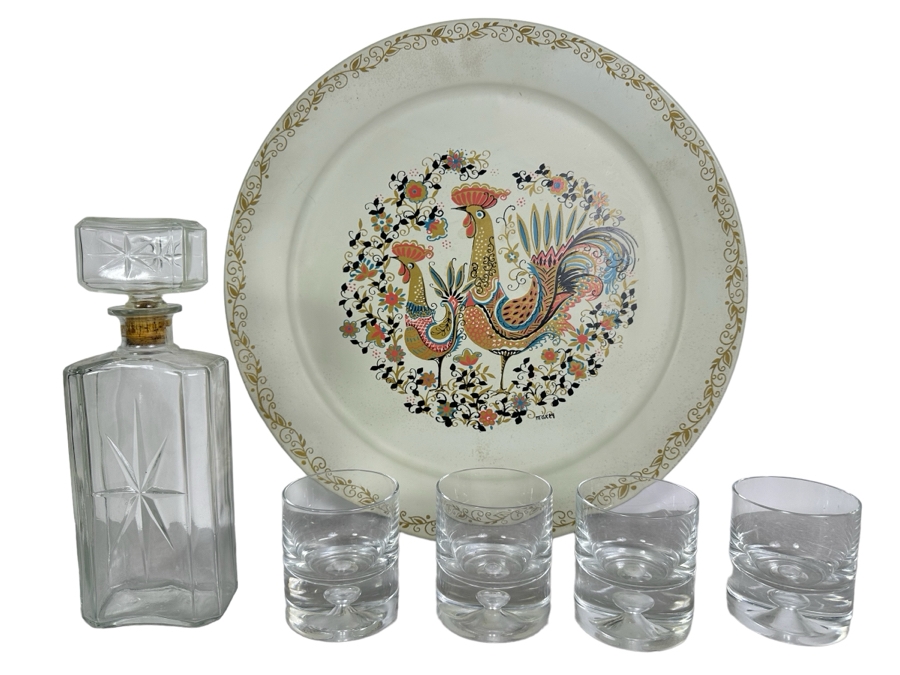 Just Added - Vintage Maxey 21'R Metal Tray, Vintage MCM Glass Decanter And Four Lowball Glasses