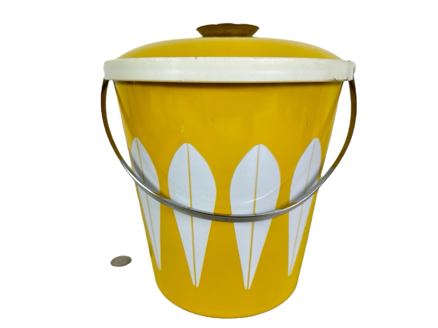 Just Added - Vintage MCM Cathrineholm Norway Lotus Enamel Over Metal Ice Bucket Yellow 10'H