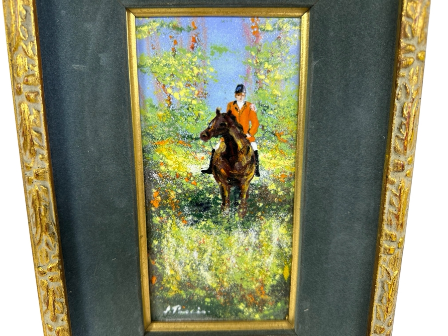 Just Added - Vintage Abstract Enamel On Copper Artwork Equine Horse Rider 4' X 8' Framed 9.5' X 14' [Photo 1]
