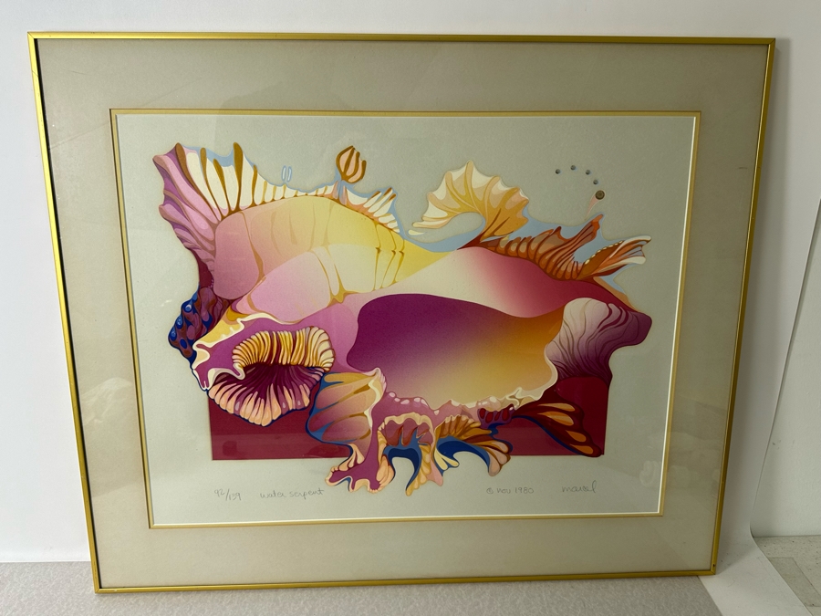 Just Added - Vintage 1980 Marcel Artist Signed Print Titled 'Water Serpent' Numbered 92 Of 139 25.5' X 20' Framed 32.5' X 27' [Photo 3]
