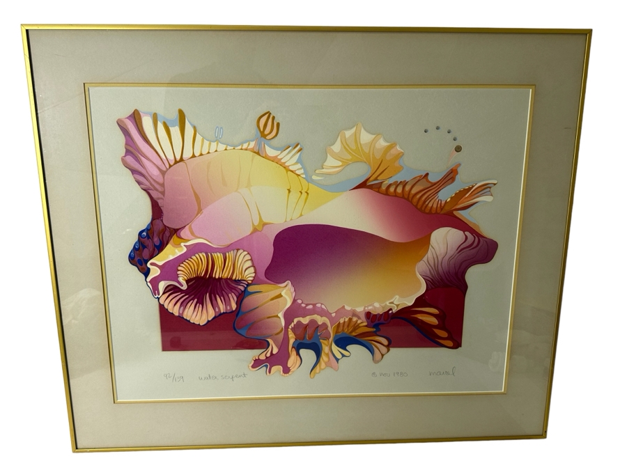Just Added - Vintage 1980 Marcel Artist Signed Print Titled 'Water Serpent' Numbered 92 Of 139 25.5' X 20' Framed 32.5' X 27'