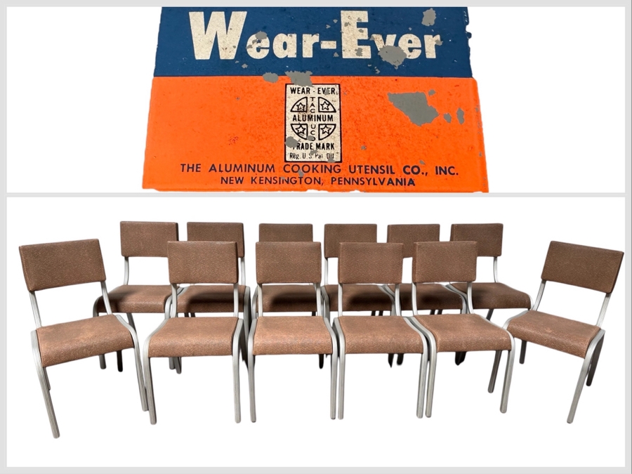 Just Added - Vintage Art Deco Machine Age Aluminum Vinyl Wear-Ever Side Chairs Stackable By The Aluminum Cooking Utensil Co., Inc. 17.5'W X 17'D X 32'H